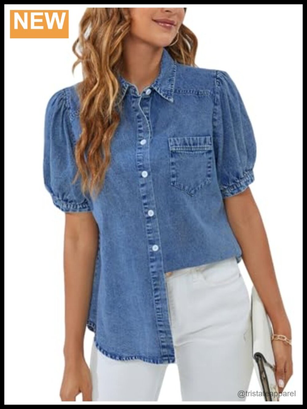 Women's Denim Button Down Shirt Puff Sleeve Business Casual Blouse Summer
